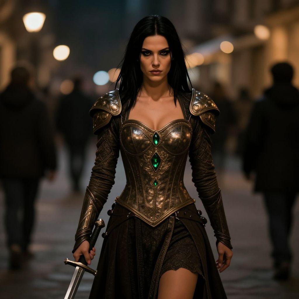 Fierce Woman in Medieval Fantasy Armor Holding Sword on Street