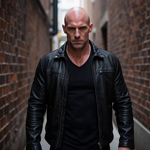 Intense Bald Man in Black Leather Jacket Standing in Urban Alley
