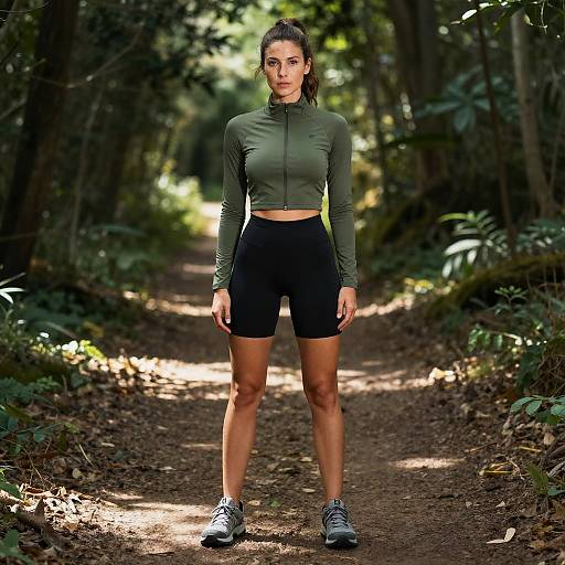 Fit Woman Standing on Forest Trail in Athletic Wear