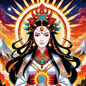 Regal Woman with Jewelry and Headdress in Fantasy Landscape