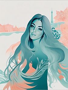 Stylized digital portrait of a woman with flowing hair in teal and coral
