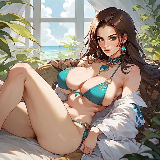 Anime Woman in Turquoise Bikini Lounge by Ocean View - Digital Artwork