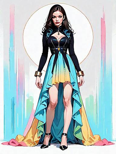 Realistic Comic Style Woman in Chic Fit Dress Full Body Illustration