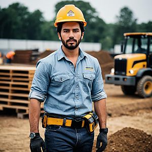 Construction Worker in Yellow Hard Hat at Construction Site
