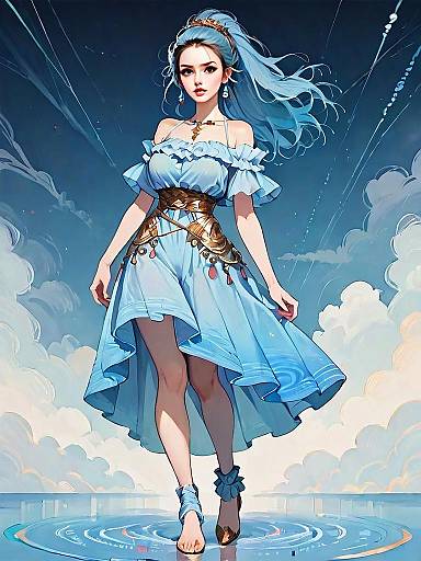 Fantasy Artwork of Woman in Flowing Blue Dress Against Dreamy Night Sky