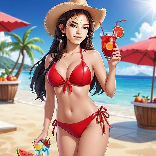 Woman in Red Bikini Relaxing on Tropical Beach with Summer Drinks