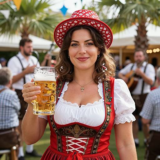 Woman in Bavarian Dirndl Raising Beer Mug at Oktoberfest Celebration