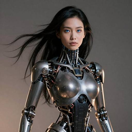 Futuristic Woman Robot Hybrid with Blue Eyes and Advanced Robotic Body