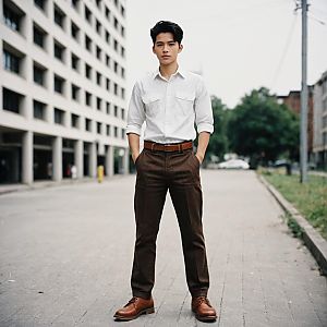 Confident man in smart-casual outfit on city street