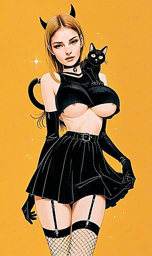 Stylized Woman in Cat Costume with Black Cat Digital Artwork
