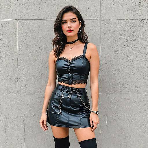 Stylish Woman in Black Leather Crop Top and Mini Skirt Outfit