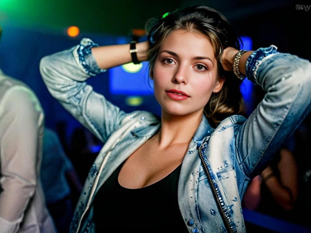 Confident Woman in Stylish Denim Jacket at Nightlife Event