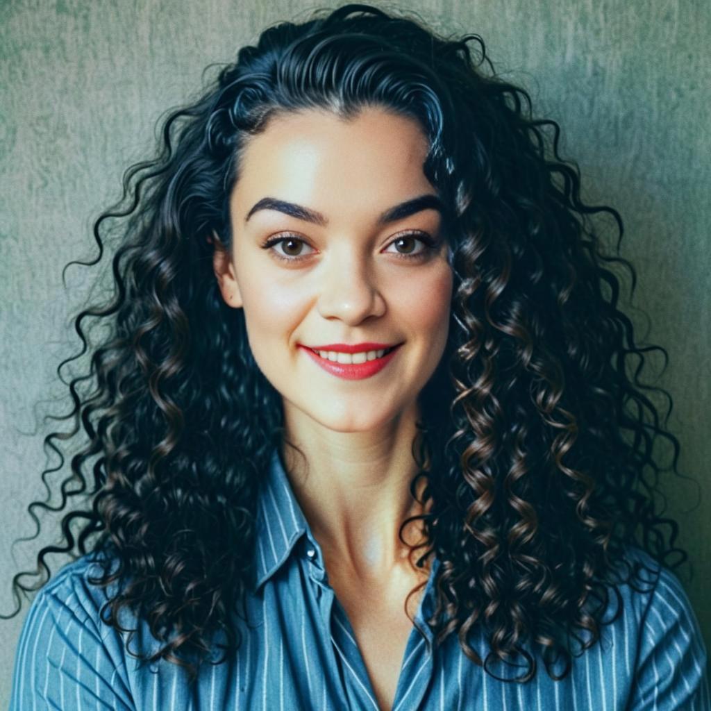 Woman with Curly Hair and Bright Smile in Striped Shirt