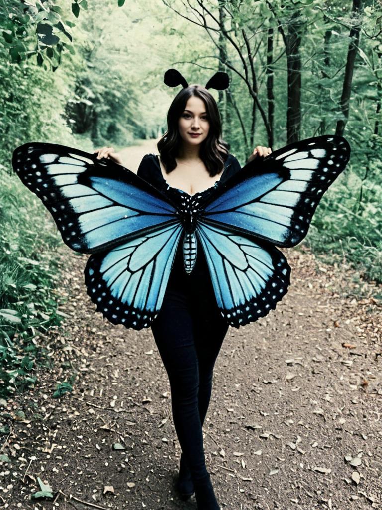 Woman Wearing Vibrant Blue Butterfly Costume with Antennae in Forest