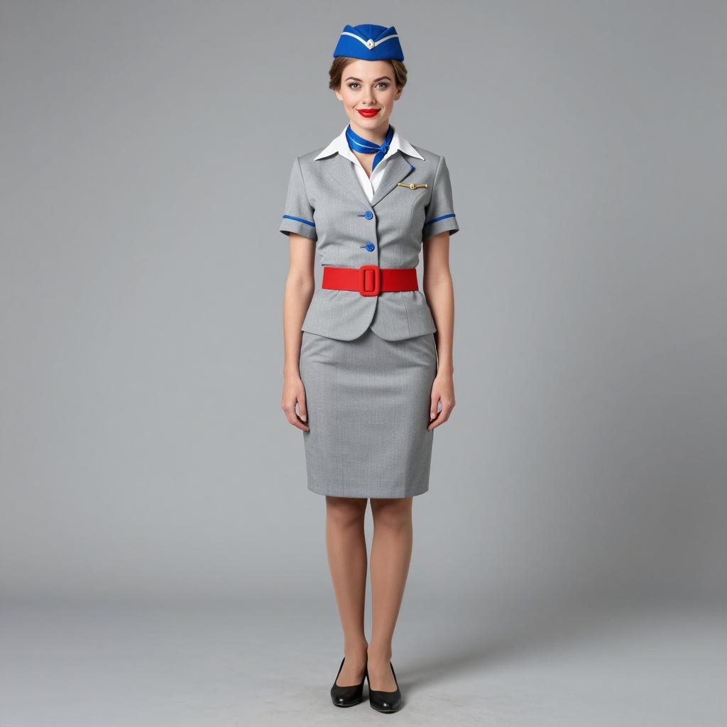 Vintage Style Flight Attendant Woman in Grey Uniform with Red Belt