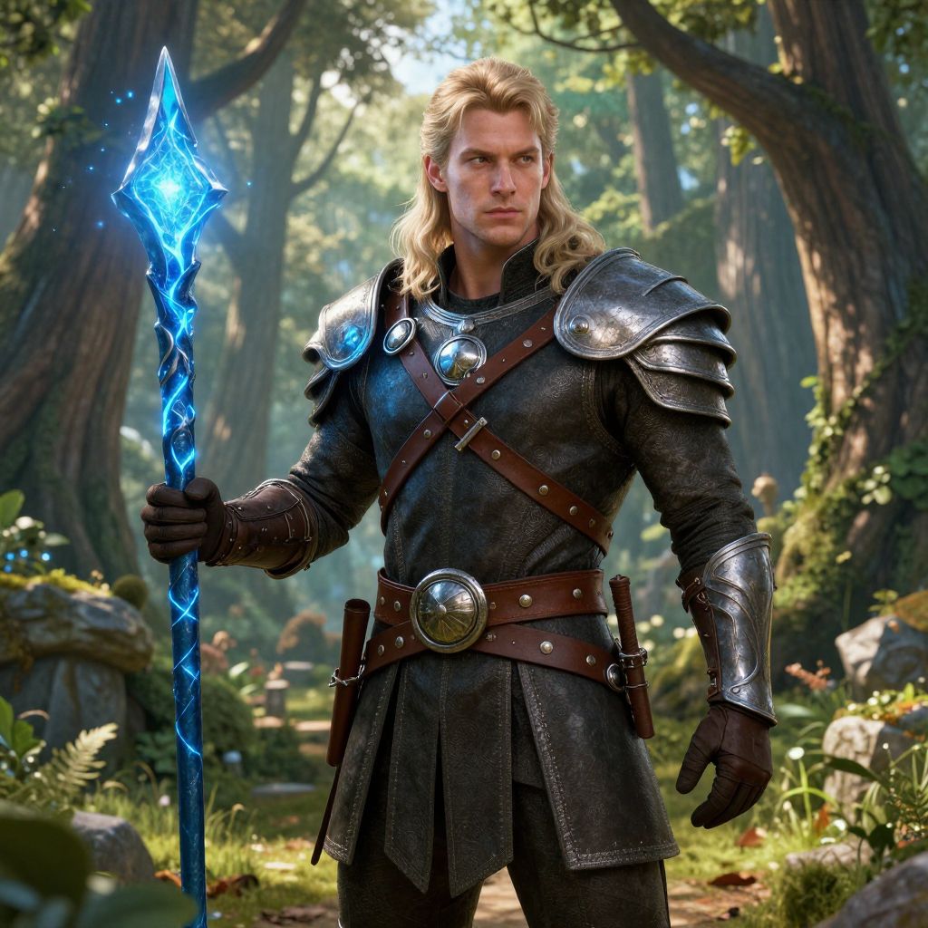Fantasy Warrior with Glowing Magical Staff in Enchanted Forest