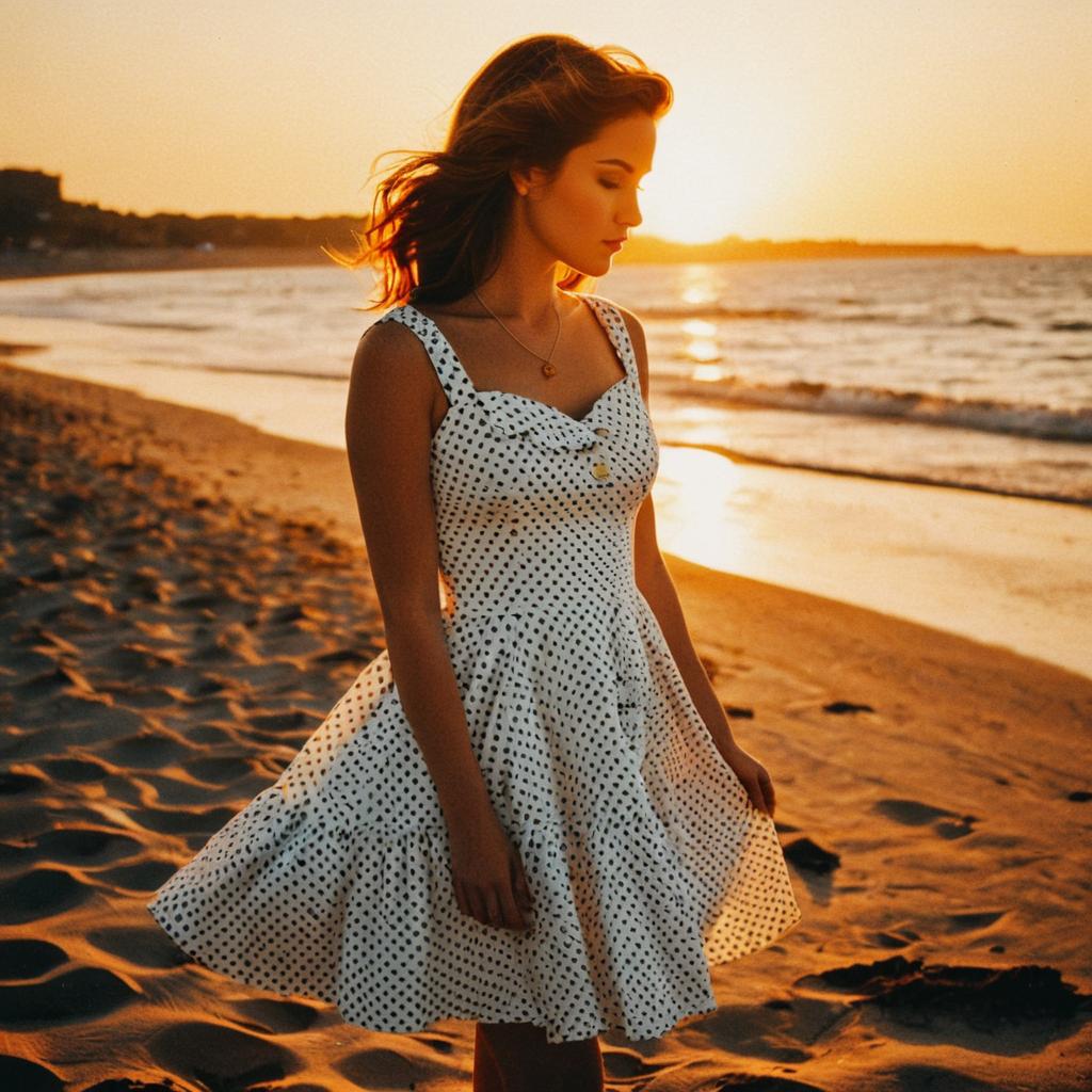 Woman in Polka Dot Dress on Beach at Sunset