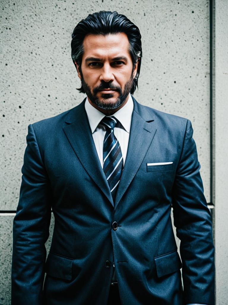 Man in Realistic Big Boss Costume Cosplay in Dark Suit