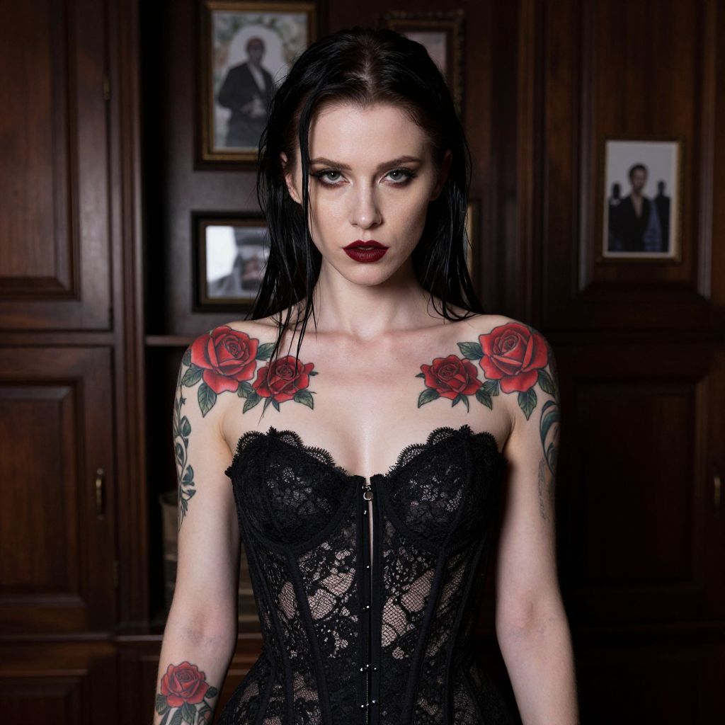 Woman with Red Rose Tattoos Wearing Black Lace Corset in Vintage Room