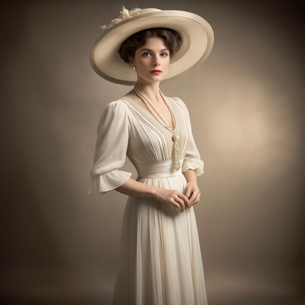 Vintage Woman in Cream Dress with Hat