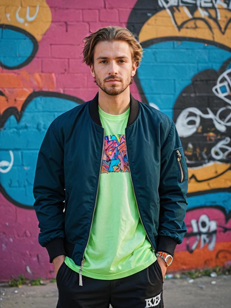 Confident man in front of graffiti wall