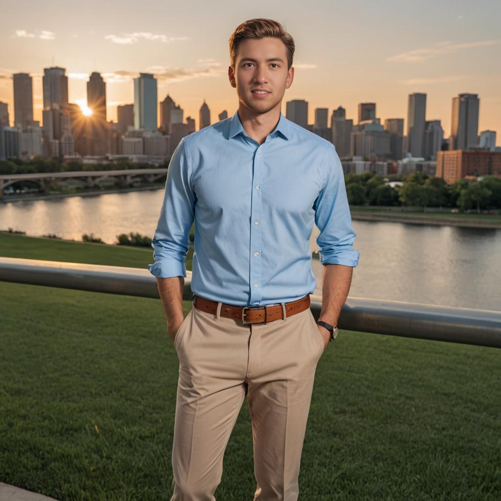 Confident Man in Smart Casual Attire Against Cityscape Sunset