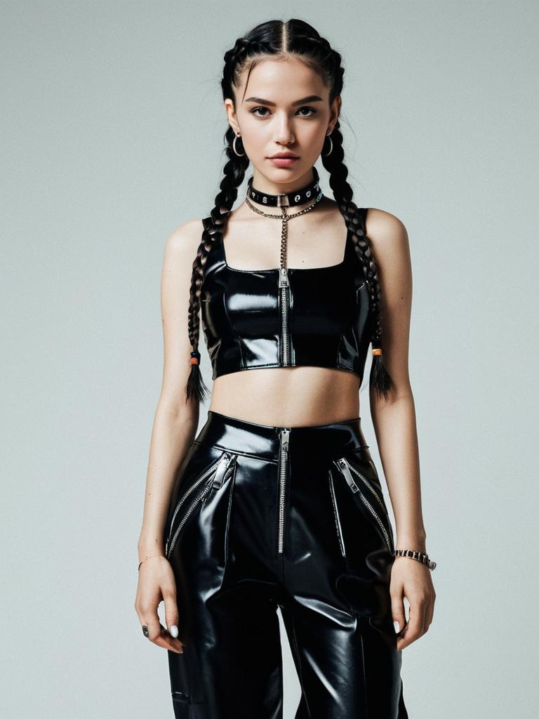 Woman Edgy Streetwear Black Glossy PVC Crop Top with Metal Zipper and Pants