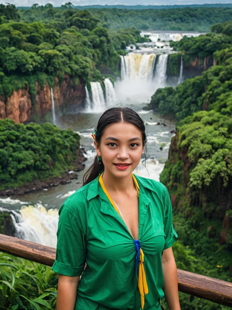 Vibrant Cosplay Woman at Waterfall