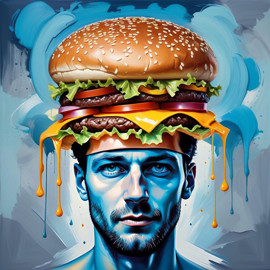 Surreal Digital Portrait of Man Wearing Cheeseburger Hat with Dripping Cheese