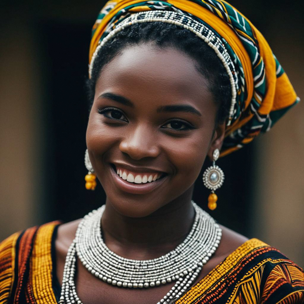 Smiling Woman in Vibrant African Outfit with Jewelry Smiling Woman in Vibrant African Outfit with Jewelry
