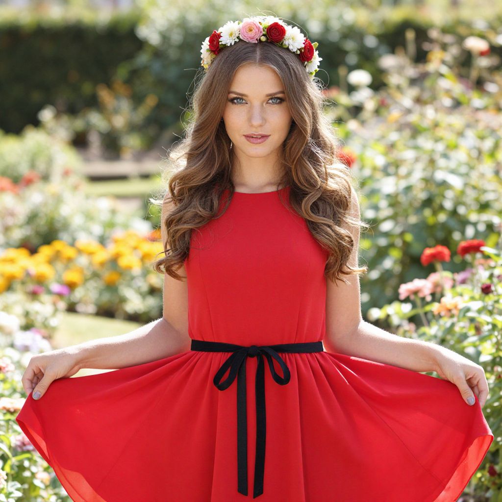 Young Woman in Red Dress with Flower Crown in Blooming Garden