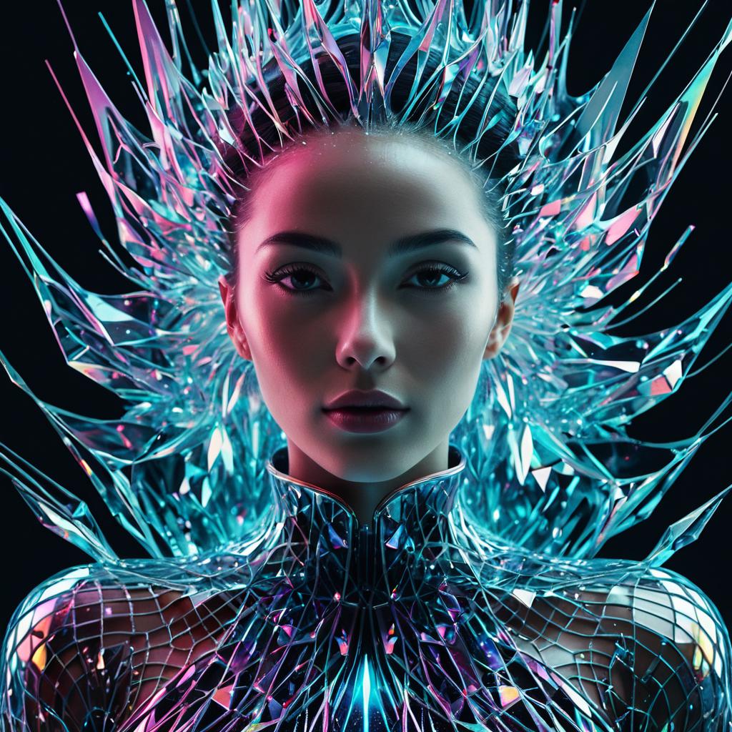 Futuristic Woman in Crystalline Neon Outfit with Avant-Garde Spiked Design