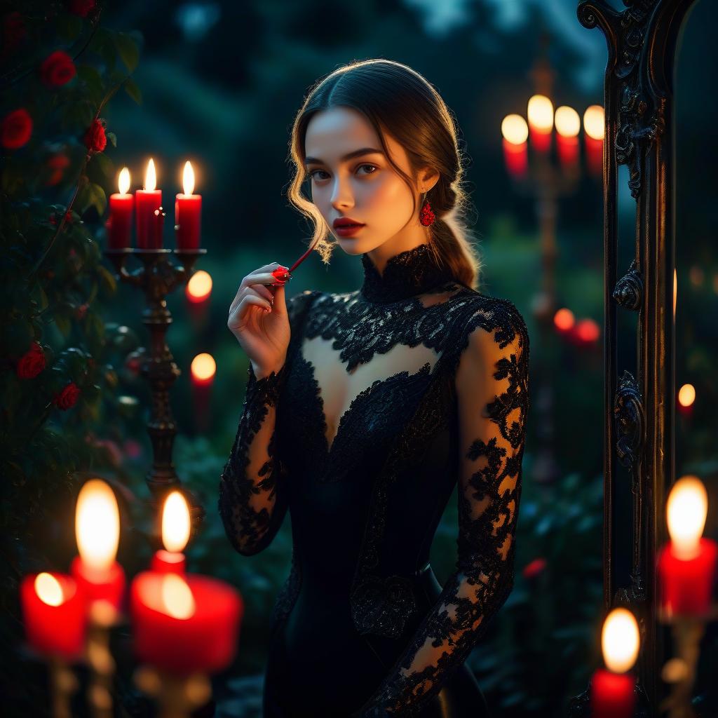 Elegant Woman in Black Lace Dress Surrounded by Red Candles in Gothic Setting