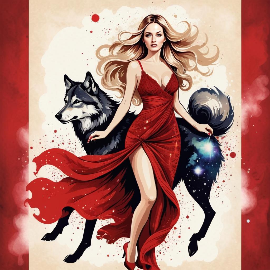 Confident Woman in Red Dress with Cosmic Wolf