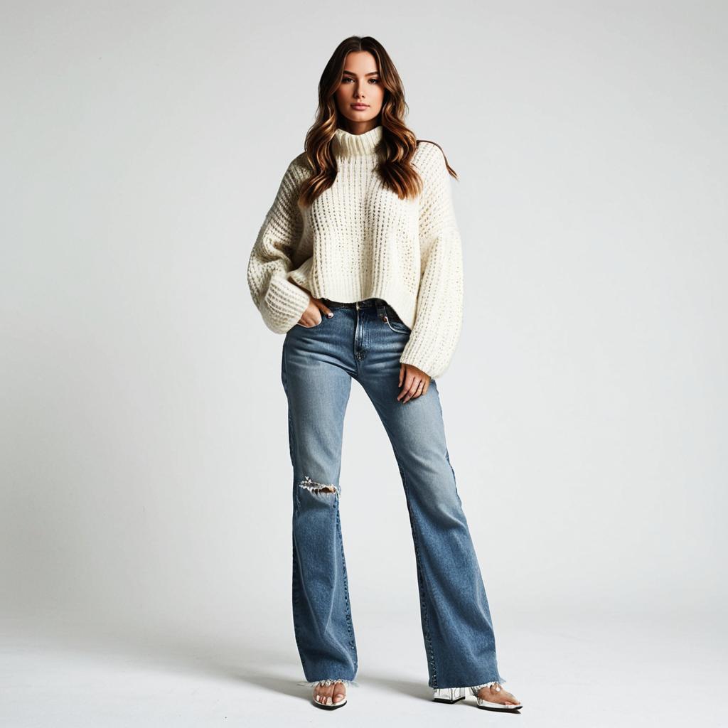 Stylish Woman in White Knit Sweater and Distressed Blue Jeans Fashion Portrait