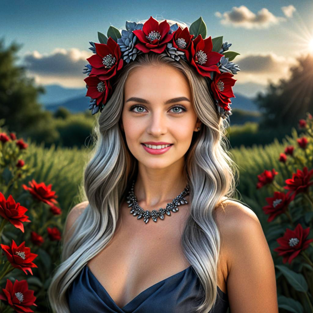 Woman with Floral Crown at Sunset