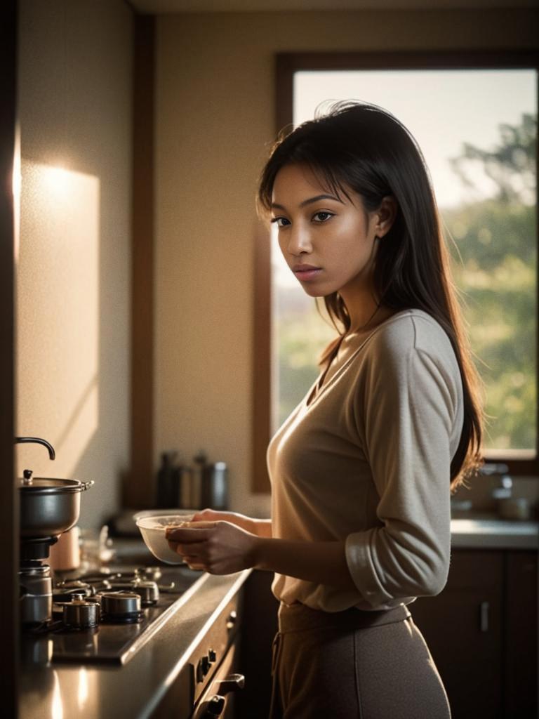 Woman Cooking in Cozy Kitchen with Warm Light