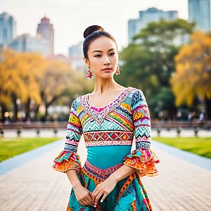 Striking Woman in Colorful Cultural Dress in Urban Park
