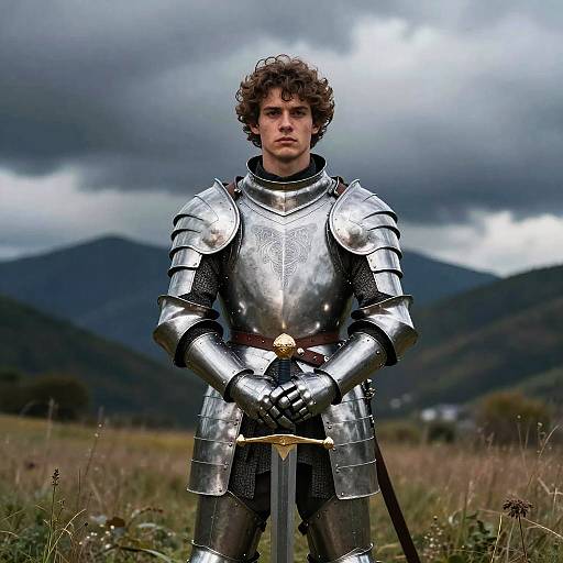 Young Man in Medieval Knight Armor Holding Sword in Field