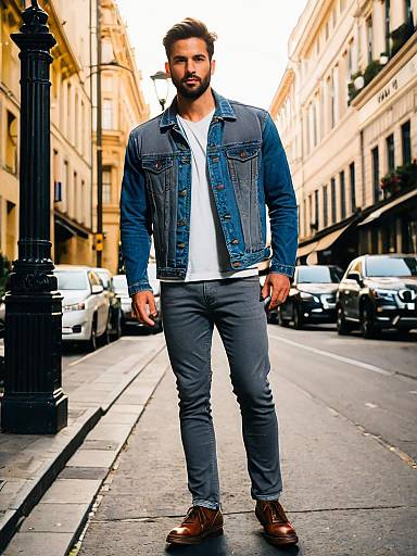 Man in Denim Jacket and Grey Jeans Standing on City Street