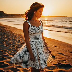 Woman in Polka Dot Dress on Beach at Sunset