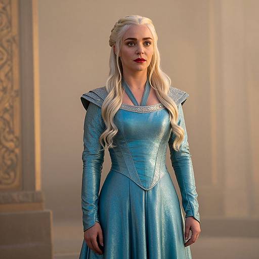 Woman in Metallic Blue Medieval Fantasy Gown with Braided Blonde Hair