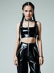 Woman Edgy Streetwear Black Glossy PVC Crop Top with Metal Zipper and Pants