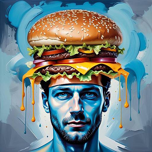 Surreal Digital Portrait of Man Wearing Cheeseburger Hat with Dripping Cheese