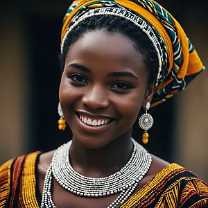 Smiling Woman in Vibrant African Outfit with Jewelry