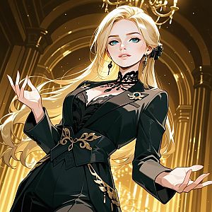 Confident Blonde Woman in Elegant Black Suit