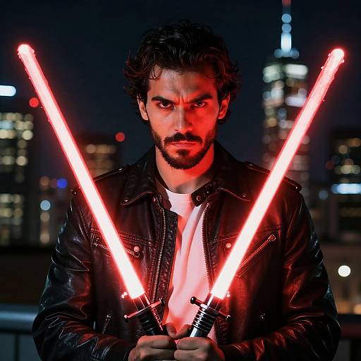 Man Holding Dual Red Lightsabers at Night in Leather Jacket