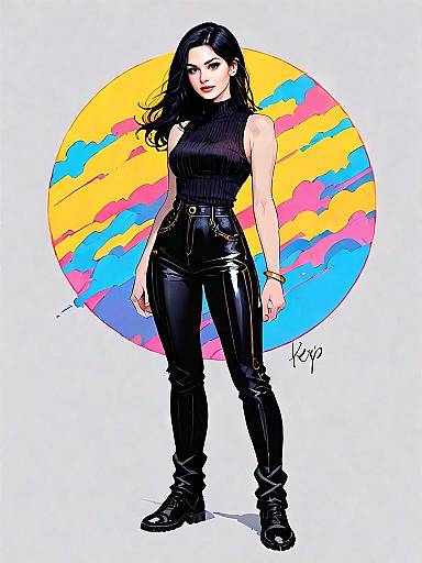 Realistic Comic Illustration of Woman Full Body Shot with Colorful Abstract Background
