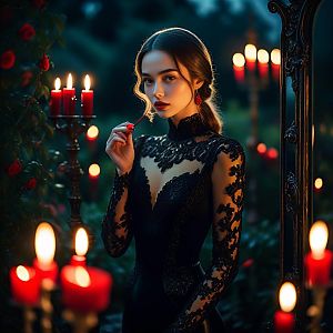 Elegant Woman in Black Lace Dress Surrounded by Red Candles in Gothic Setting