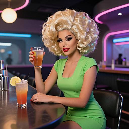 Glamorous Woman in Vintage 1960s Style Green Dress Holding Drink at Retro Bar